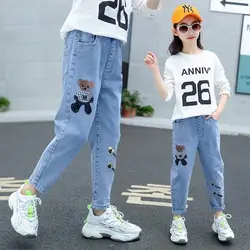 Kids Girl Jeans  Cartoon Long Pants Spring Autumn Graffiti Painting Print Casual Trousers with Hole Children Denim Pants