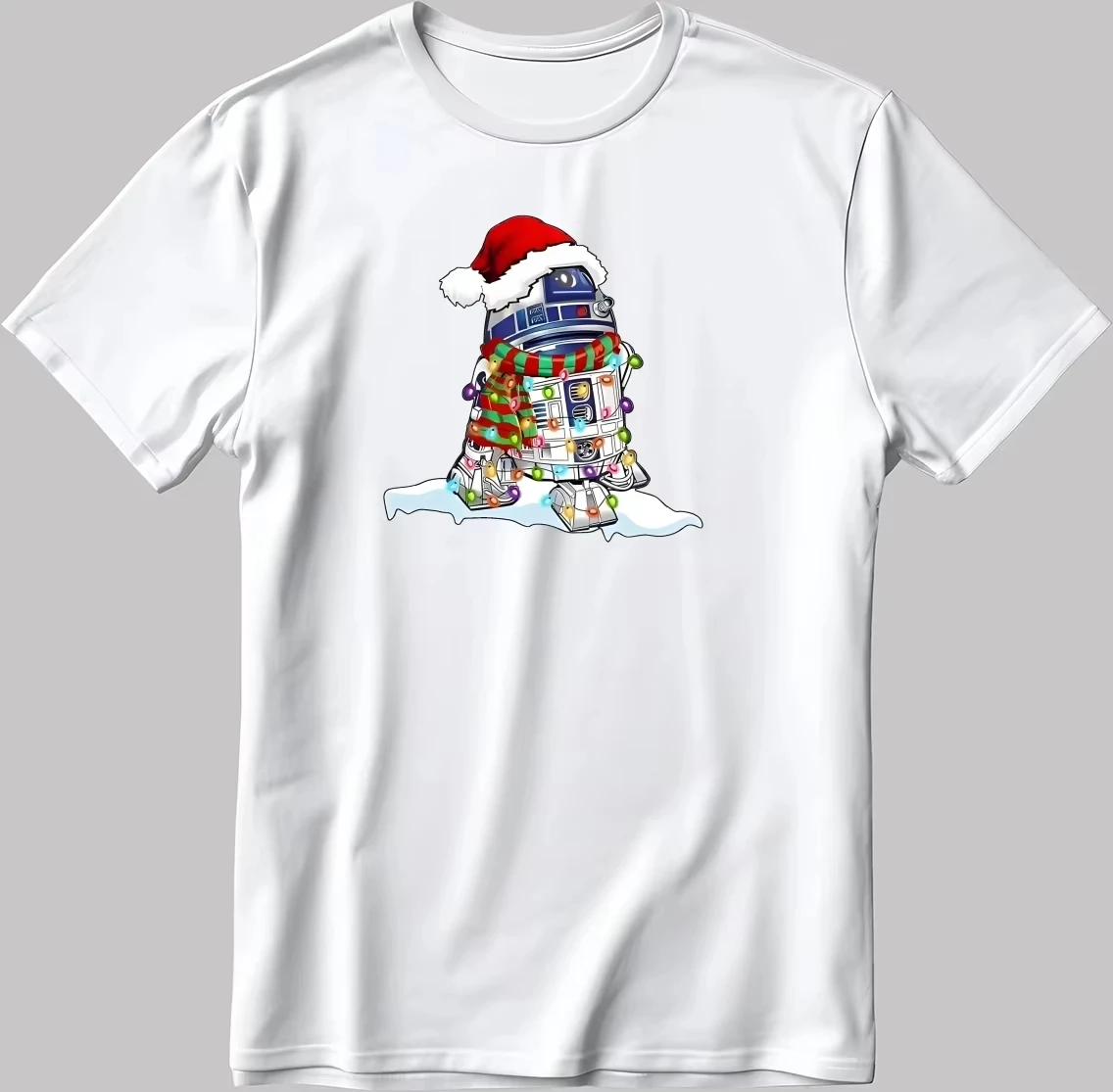 2026 Holiday Star Wars R2-D2 Christmas Santa Hat Lights Unisex Cotton Crew Neck Short Sleeve T-shirt Breathable Cute Streetwear