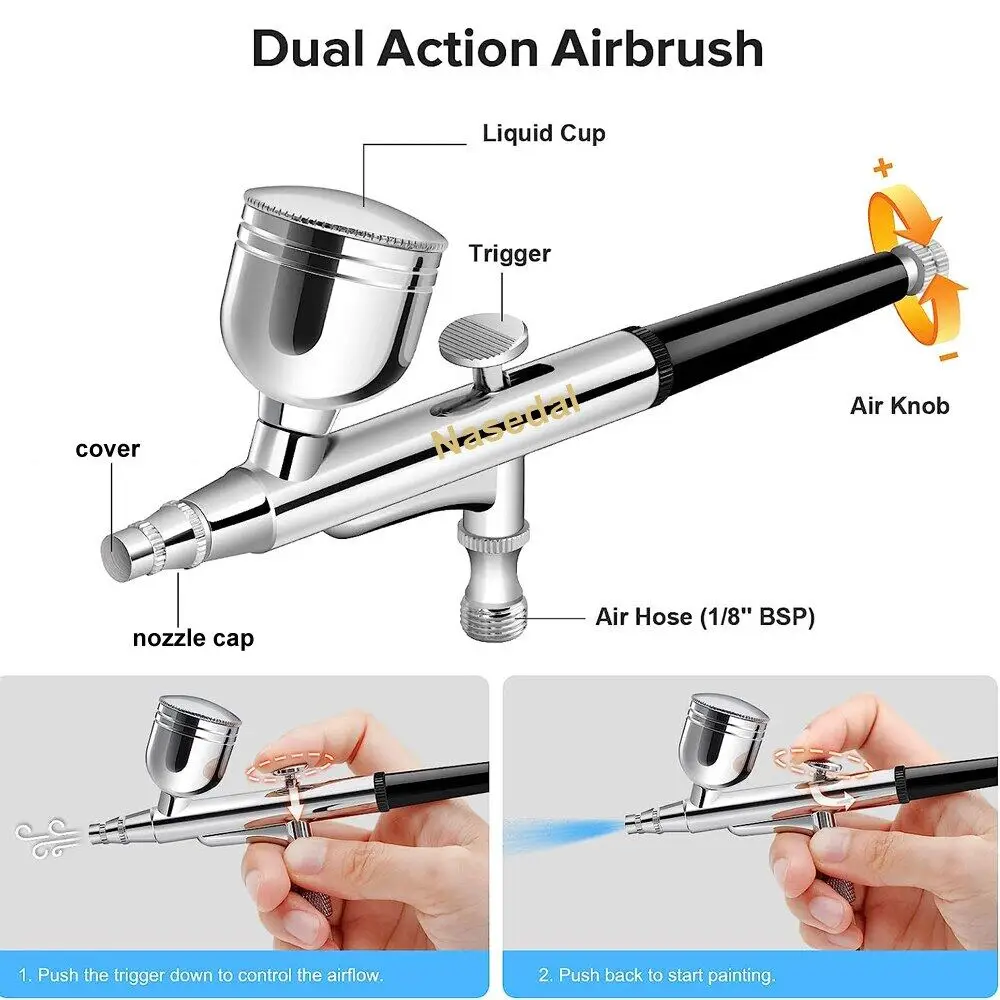 Nasedal 0.3mm Dual-action Airbrush Compressor kit 36psi Auto Stop Air Compressor Nail Art Paint Model Cake Car Painting Tool