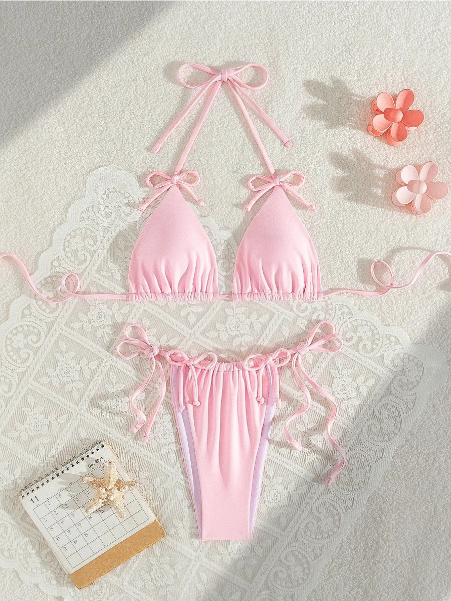 Conjunto de Bikini para mujer, traje de baño de 2 piezas de Color rosa con lazo y cordones, traje de baño triangular con cuello Halter y espalda descubierta, traje de baño para playa, novedad de 2025