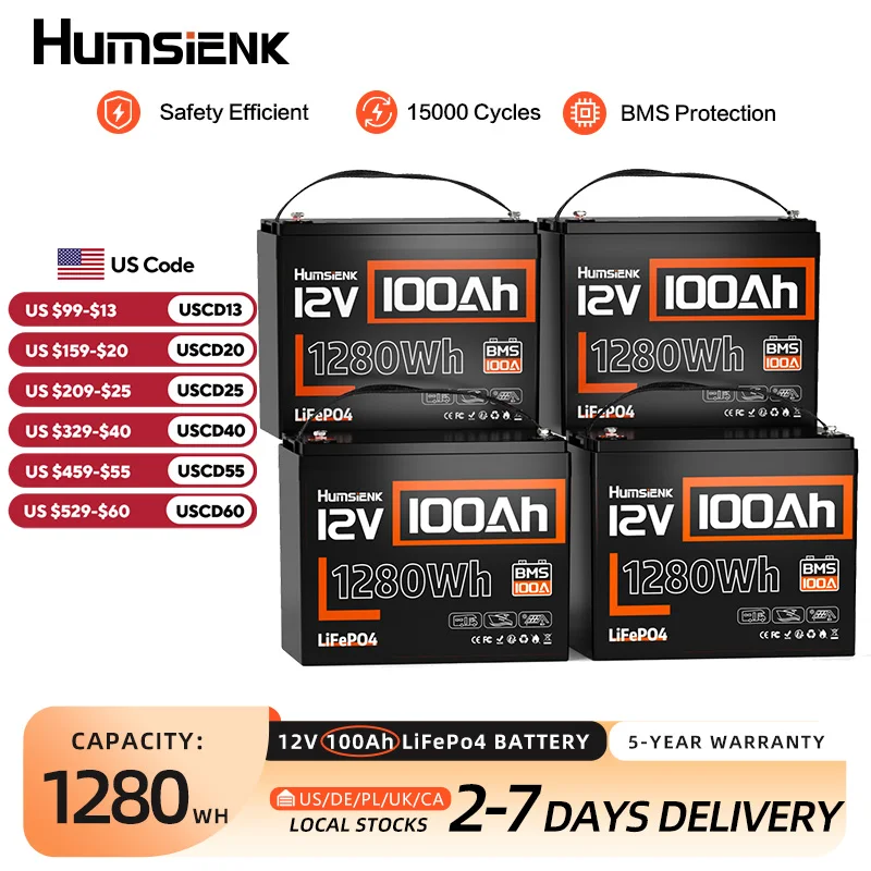 

Аккумулятор Humsienk 12V 100Ah LiFePO4, 4 шт., с BMS 100A, перезаряжаемый литиевый аккумулятор для солнечной энергии/автономных систем/кемпинга, гарантия 5 лет