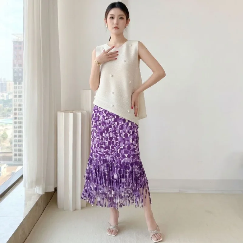 

Miyake Pleated Pearl T-Shirt 2026 Summer New Fashion Simple Casual Sleeveless Vest Top Elastic Waist Floral Tassel Skirt Women
