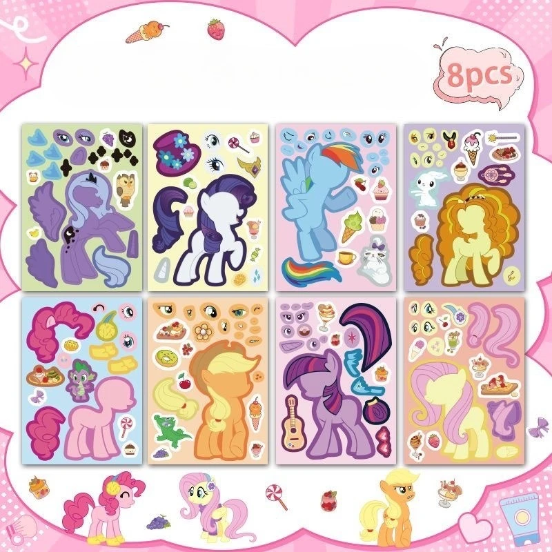 8 pegatinas de rompecabezas de My Little Pony para hacer caras, juego de rompecabezas de dibujos animados DIY, juguetes educativos para niños, regalos de cumpleaños