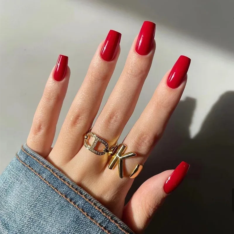 

24p/set Long French Fake Nails Artificial Full Coverage Acrylic Press on Nails Art Tips Glossy Red Removable False Nail Supplies