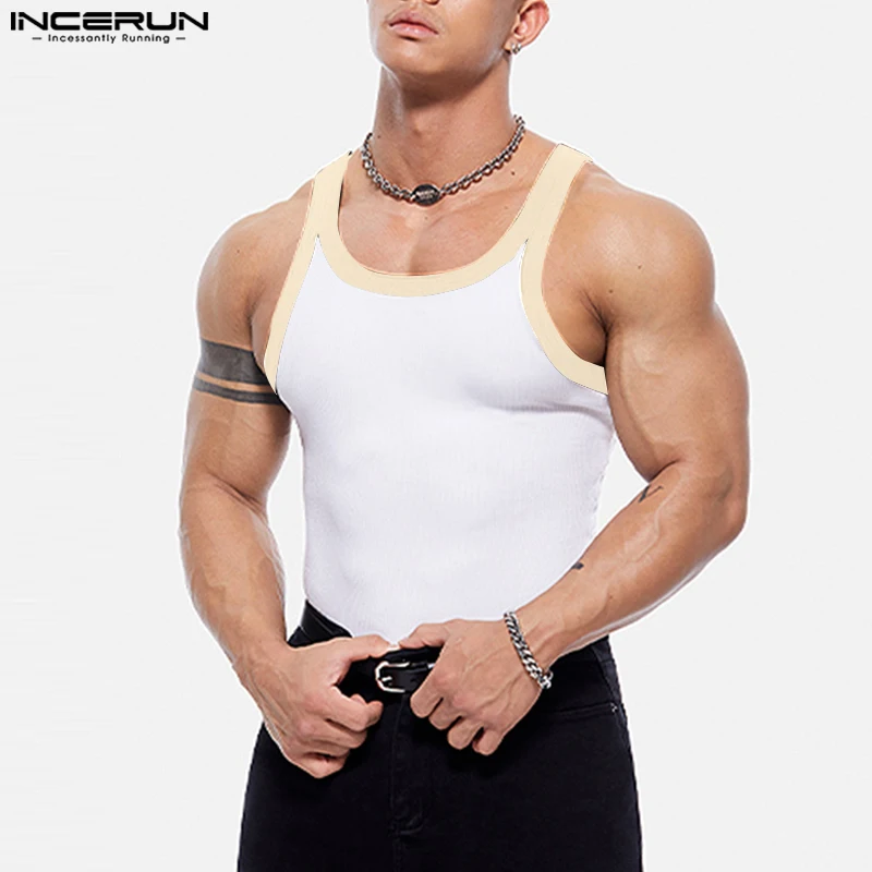 INCERUN Men\'s Tank Tops Patchwork Summer O-neck Sleeveless Male Vests Steetwear Skinny 2024 Fashion Casual Men Clothing S-5XL