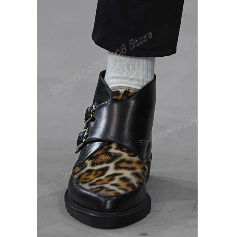 Runway Style Leopard Print Men Casual Shoes Pointed Toe Buckle Strap Quality Fashion Flat with Men Shoe 2023 Zapatillas Mujer