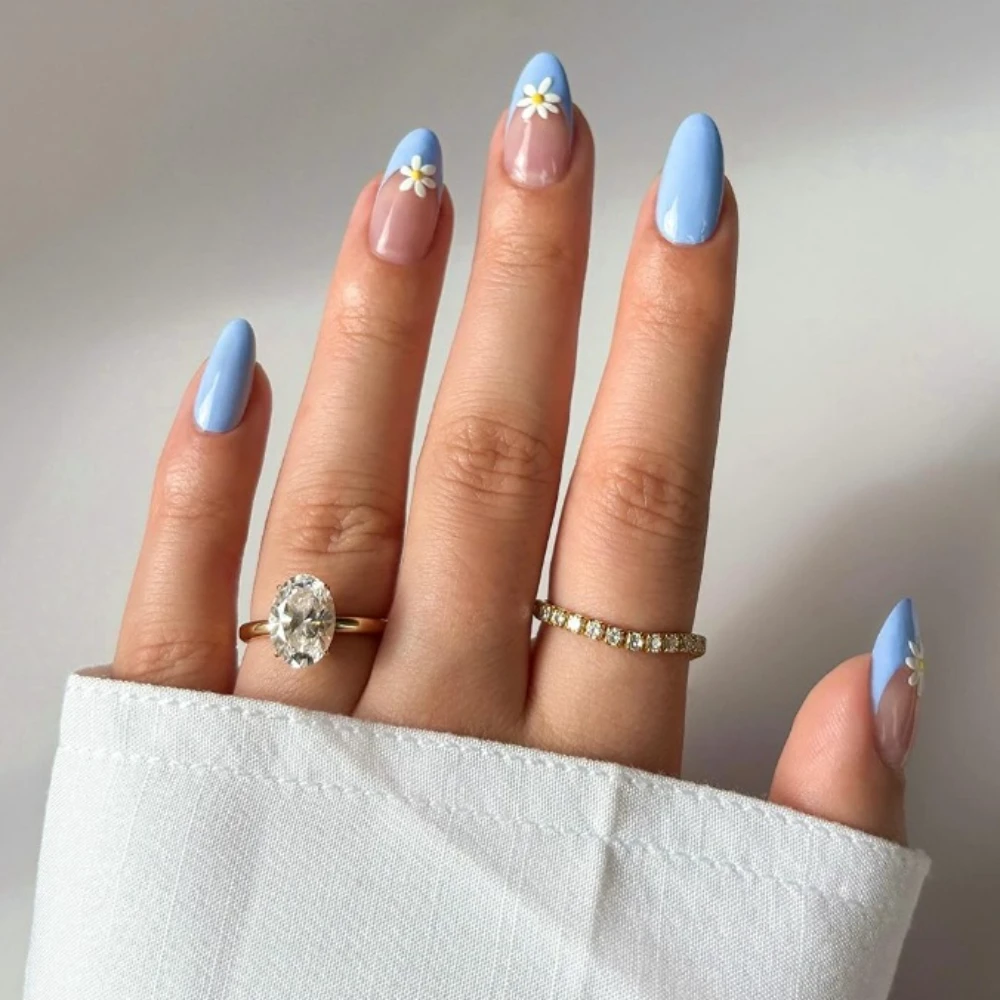 

10Pcs Handmade Manicure Medium Almond Fake Nails 2024 New Cute Flower Limited Press On Nails Design with Adhesive Nail File Set