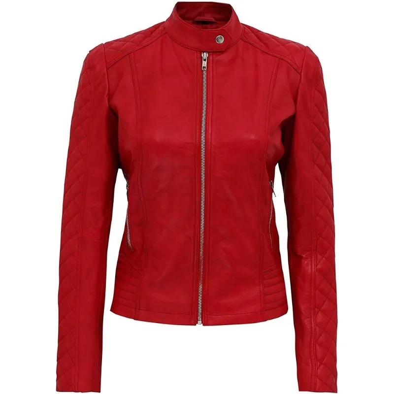 

Women's Red Quilted Leather Jacket Real Genuine NAPA Silver Zip Party Coat