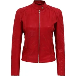 Women's Red Quilted Leather Jacket Real Genuine NAPA Silver Zip Party Coat