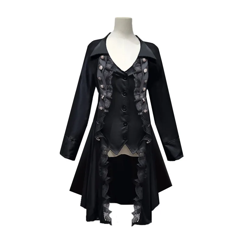 Vestido Medieval de pirata Steampunk para mujer, traje de Cosplay con ribete de encaje, chaqueta negra, abrigo, ropa gótica Victoriana