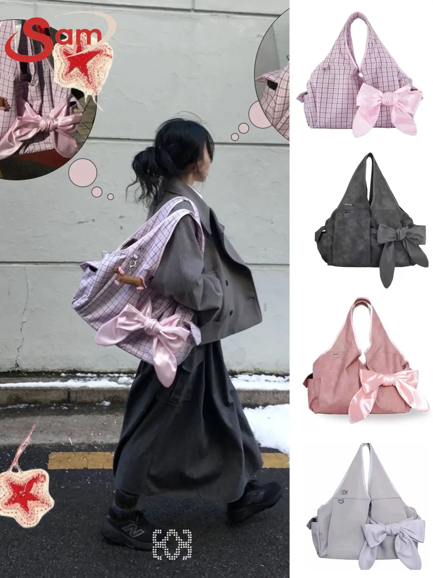 W3StudioSiweol107 Large Capacity Shoulder Bag with  Knot Detail Korean Style Women's Handbag Single Strap Magnetic B...