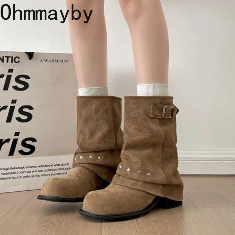 

Winter Pleated Women Western Ankle Boots Fashion Rivet Belt Buckle Shoes Ladies Concise Vintage Thick Heel Short Booties