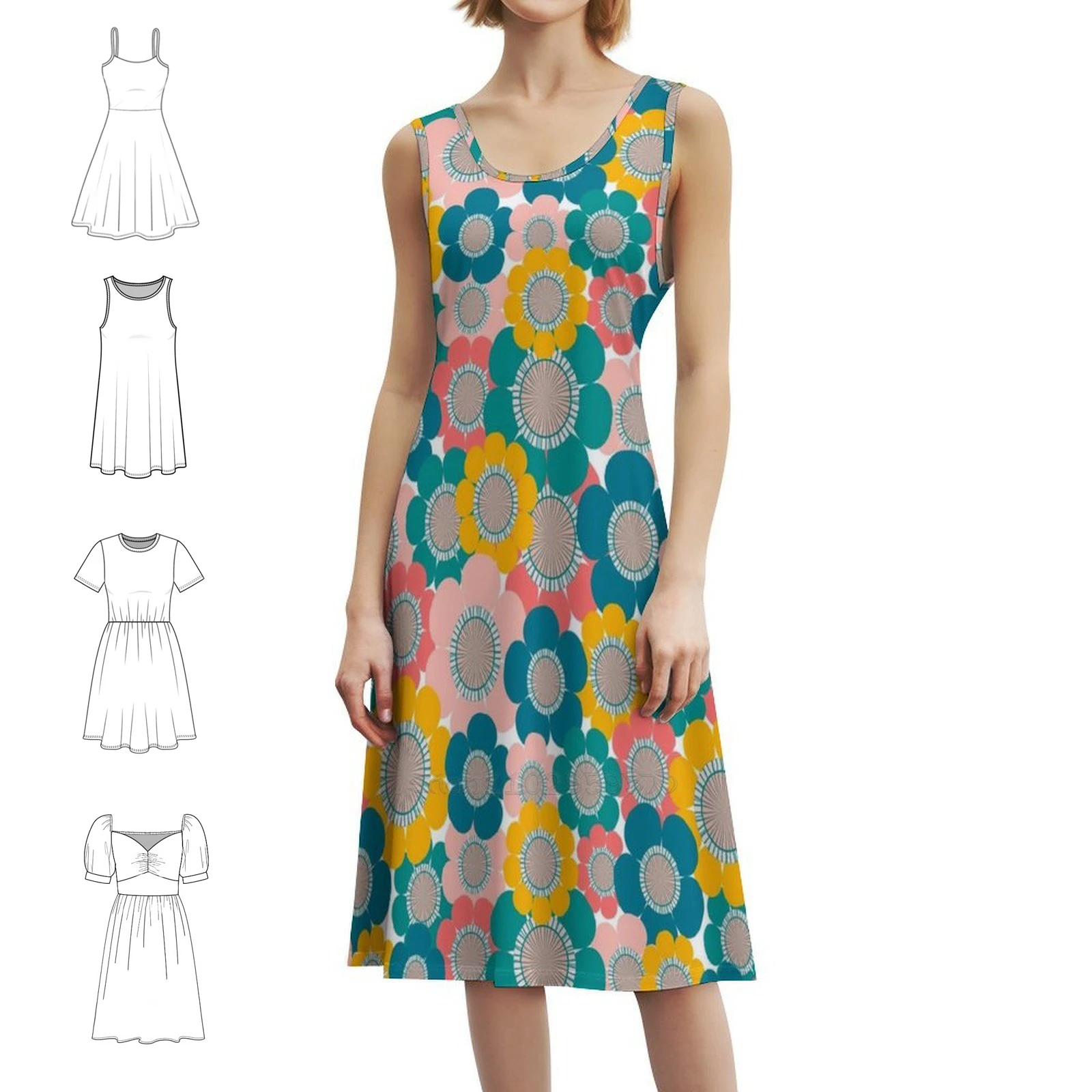 Colorful Vintage Flowers Women's Hip Hop Streetwear Dress Graphic Print Party Club Wear Bright Cheerful Flowers Vector 70S Pop