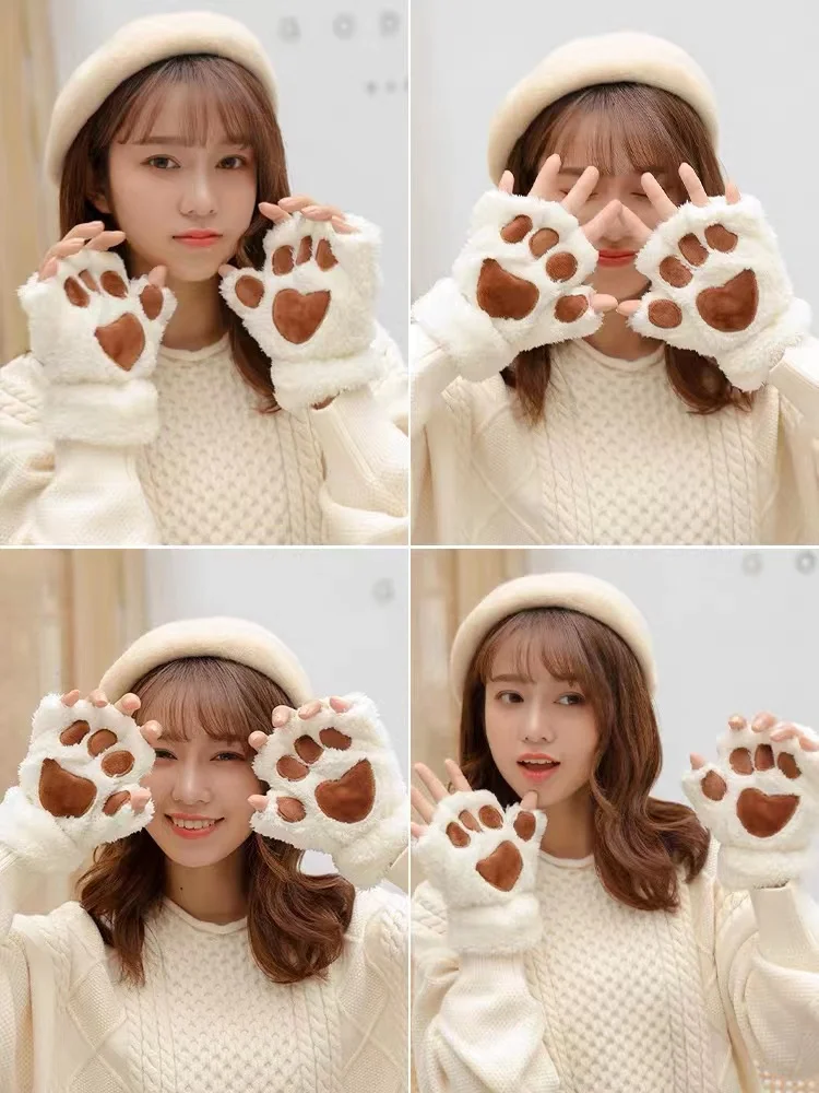 Thickened Fleece Gloves Women's Autumn Winter Cute Warm Anti-cold Student Writing Half Finger Panda Claw Riding Gloves