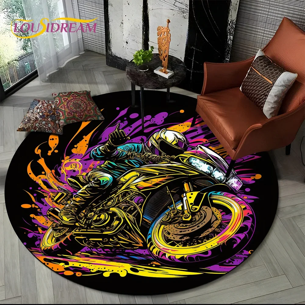 3D Retro Vintage Motorcycle Cartoon Round Area Carpet Rug for Living Room Bedroom Kid Playroom Decor,Pet Area Rug Non-slip Gift