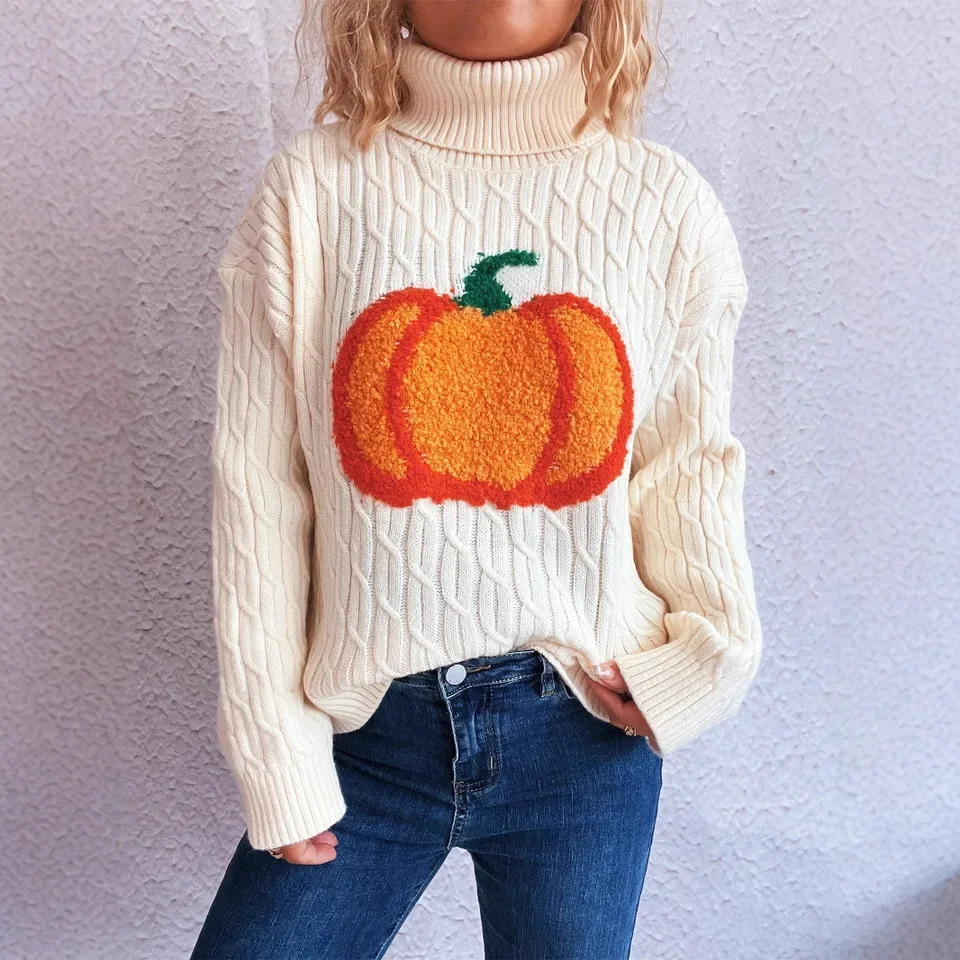 Women Turtleneck Pumpkin Printed Long-sleeved Loose And Versatile Can Be Worn Outside Or Knitted Sweater Inside Pull Hiver Femme