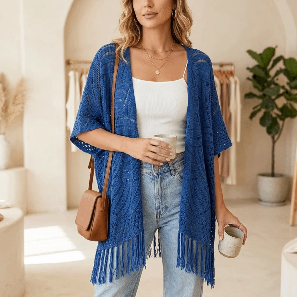 Fashion Boho Knit Cardigan Hollow Out Oversized Knitted Sweater Long Sleeve Lightweight Crochet Tassel Sweater Bikini Cover Up