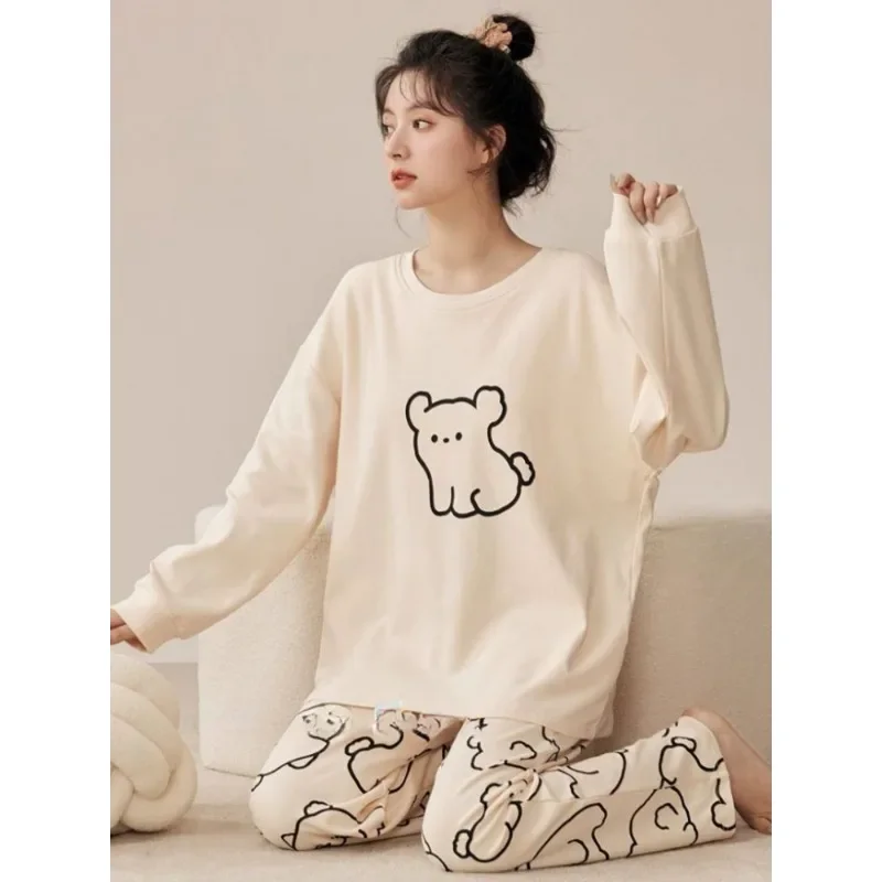 Spring and Autumn new women's pajamas set cute puppy print with cushion cotton long-sleeved long pants sleepwear casual homewear