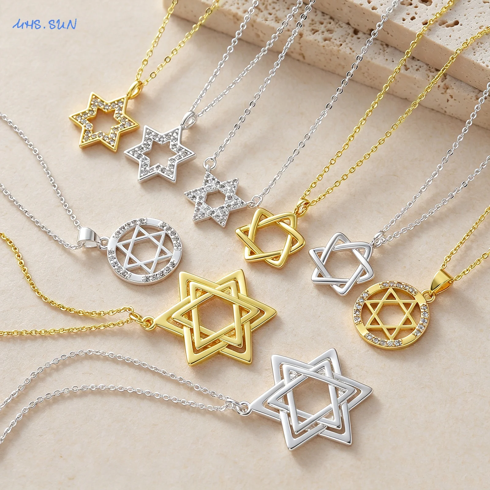 MHS.SUN Fashion Gold Plated Star of David Pendant Necklaces For Women Men Inlaid Zircon Hexagram Chain Jewelry Party Gift