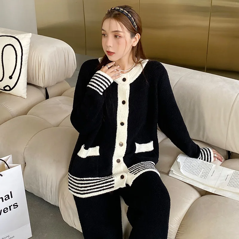 Striped cardigan pajamas for women in autumn and winter, soft and thick warm woolen knitted home clothing