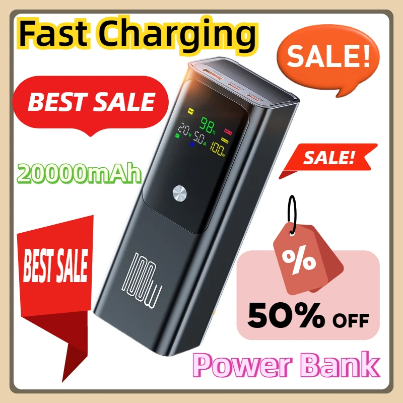 For Laptop IPhone Samsung PD 100W Power Bank 20000mAh External Battery Capacity Fast Charging Portable Charger Powerbank