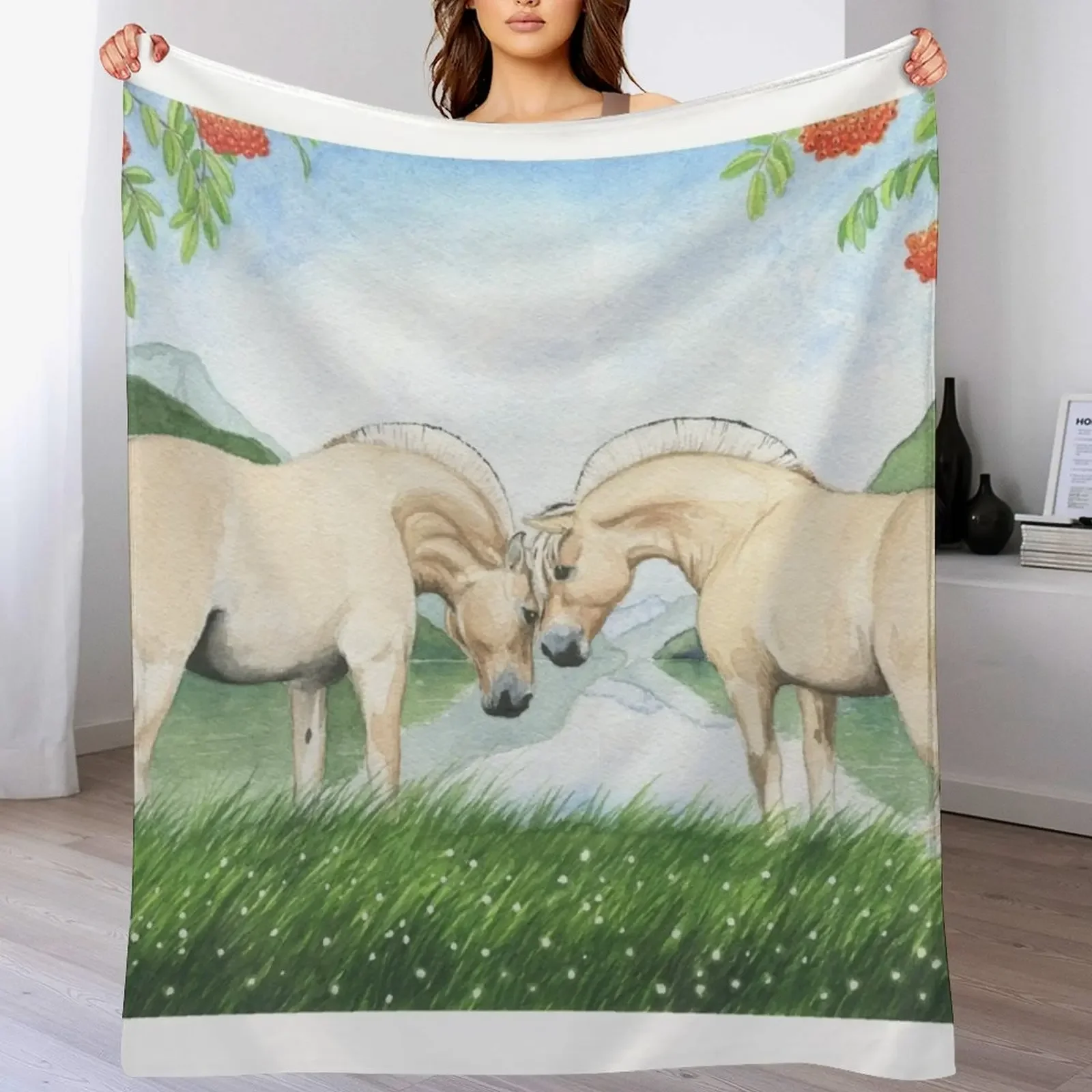 Norwegian horses in a fjord landscape Throw Blanket Warm Cozy Throw Blanket for Living Room Couch