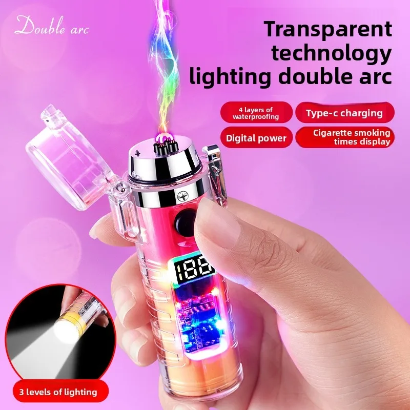 Outdoor Tool Transparent Waterproof Shell Double Arc Rechargeable Lighter Multi-function Portable Type-C Charging Flashlight