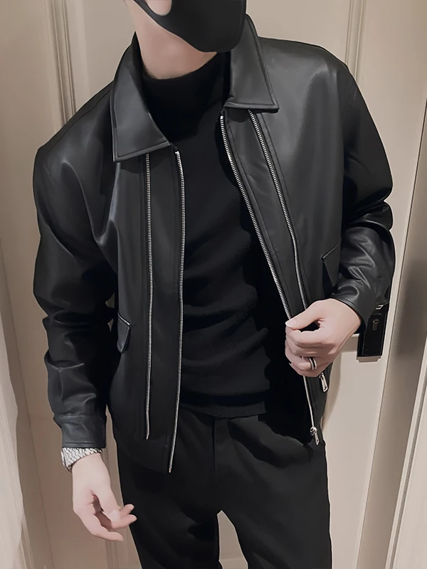 ملابس خارجية كاجوال أنيقة للرجال من الجلد طويلة Sve بياقة واقفة Sli ملابس خارجية متعددة الاستخدامات مضادة للتجاعيد ومناسبة للمراهقين