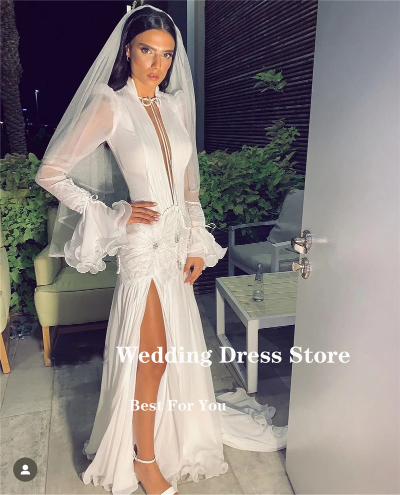 OLOEY Elegant High V Neck Chiffon Beach Long Sleeves Wedding Dresses Arabia Women Formal Dress Evening Bride Gowns With Slit