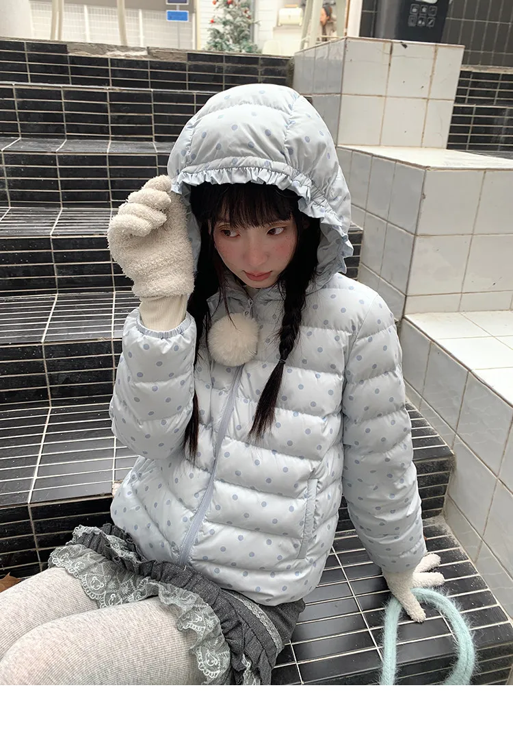 Korean Cropped Polka Dot Hooded Cotton-padded Jacket Women Zip Up Casual Winter Warm Outerwear Woman Sweet Cute Puffer Jackets