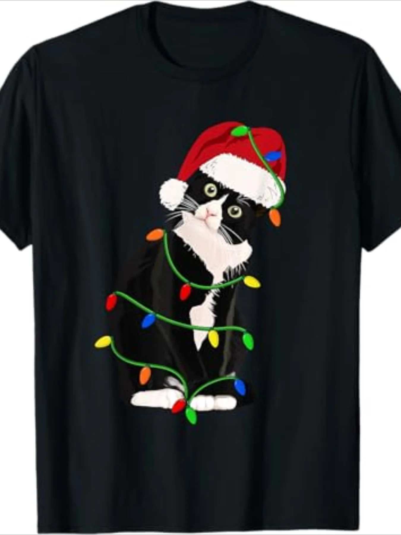 

Men's Tuxedo Cat Christmas Tee, 100% Cotton Santa Hat Lights, Machine Washable Tee