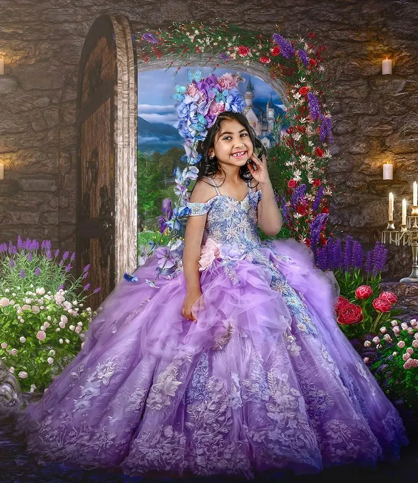Luxuriöse lila Blumenmädchenkleider für Hochzeit, Blumenspitze, Applikationen, Mädchen, Kindergeburtstag, Erstkommunion, maßgeschneidert