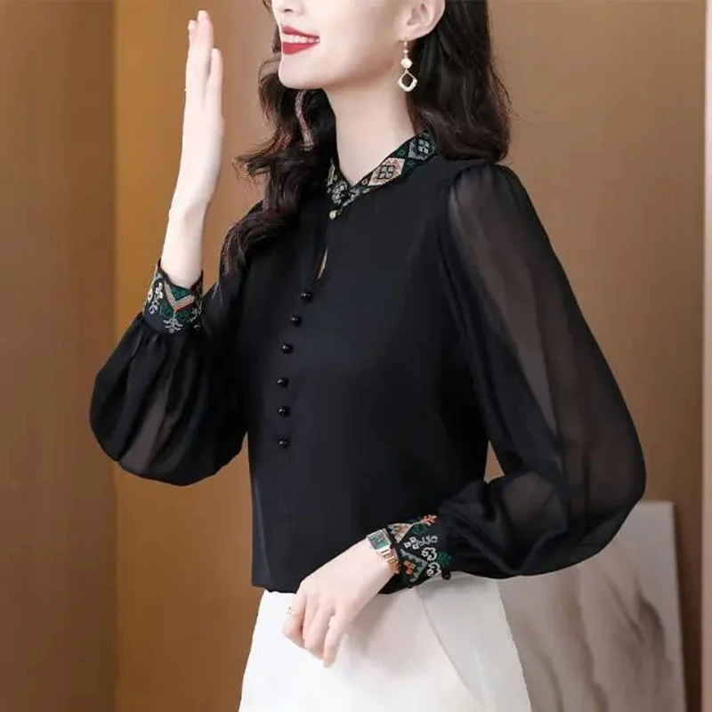 Spring Autumn New Stand Collar Fashion Long Sleeve Blouse Women Casual Loose Printing Button Pullovers Elegant Embroidered Tops