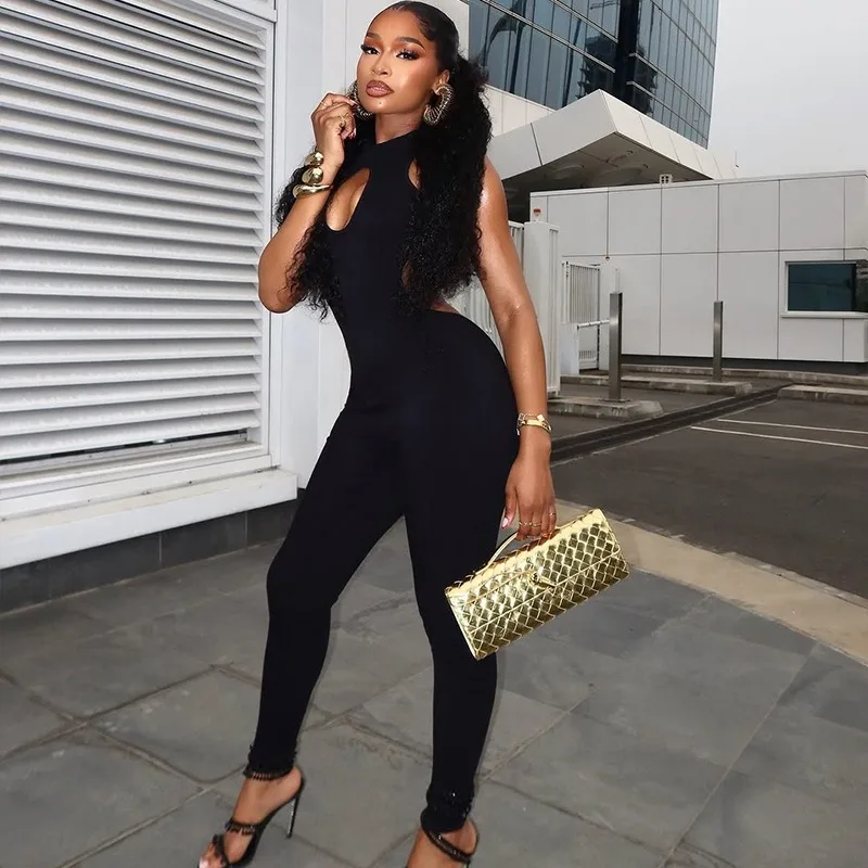 جمبسوت نسائي بياقة واقفة وسحاب بدون أكمام مجوف بدون ظهر، خصر منخفض، لون خالص، مثير