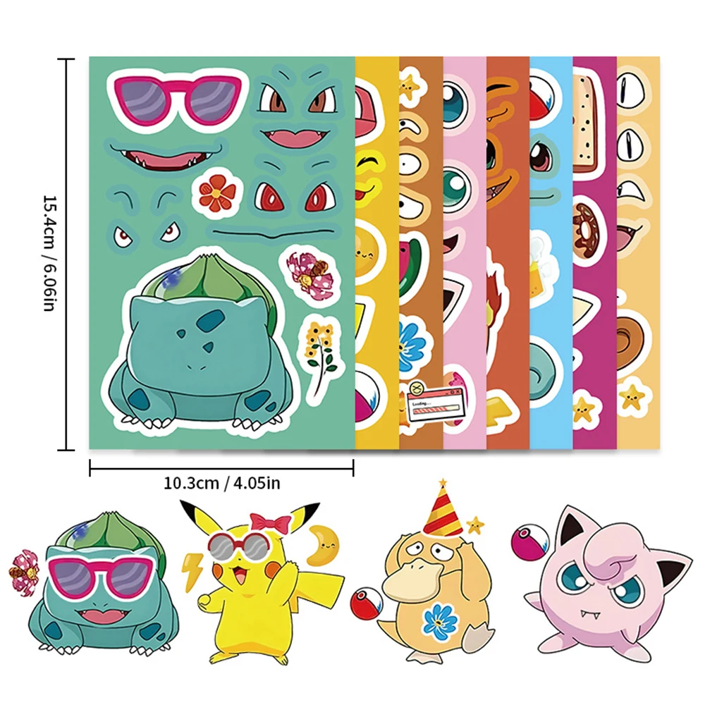 

8/16sheets Cute Cartoon Pokemon Pikachu Puzzle Stickers Make a Face DIY Assemble Jigsaw Decal Birthday Party Decoration Supplies