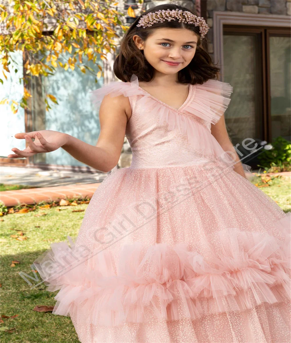 Robe à fleurs rose pour filles, col en V, à volants, élégante, moelleuse, longueur au sol, personnalisée, pour fêtes d'anniversaire pour enfants