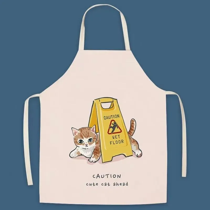 Cute Cat Print Linen Apron Kitchen Cooking Baking Apron Sleeveless Waist Unisex Parent-Child Apron