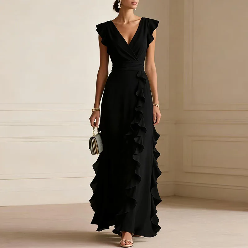 dinner dresses for slim ladies 2026 Spring V Neck High Waist Ruffles Evening Casual Solid Woman Summer Dress Sexy Butterfly Sleeve Boho Long Dress Purple