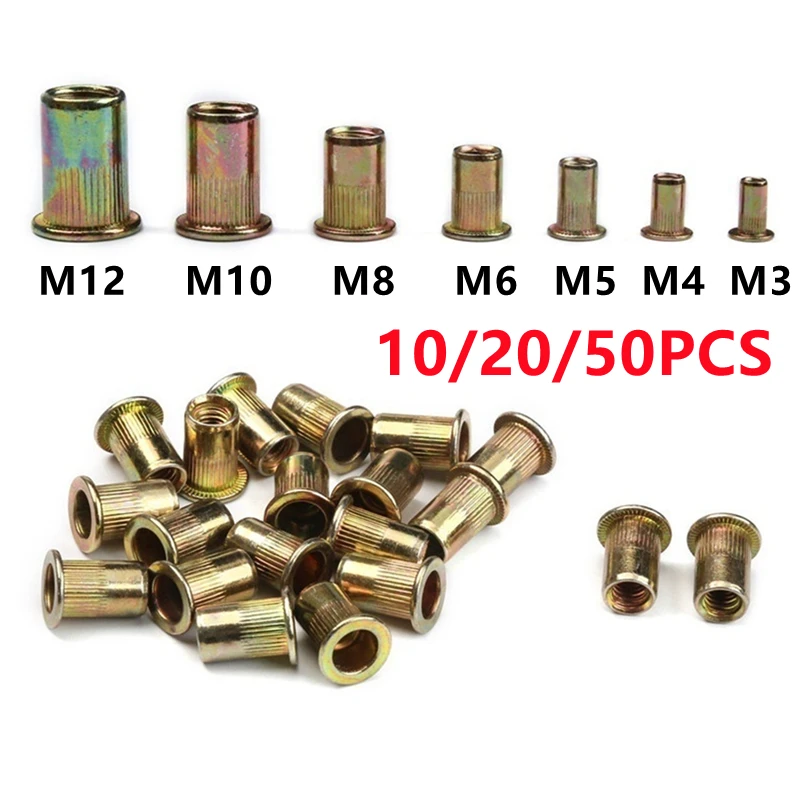 Zinc Plated Rivet Nut M3 M4 M5 M6 M8 M10 M12 Carbon Steel Rivetnut Flat Head Threaded Insert Nutsert Assortment Kit Metalworking