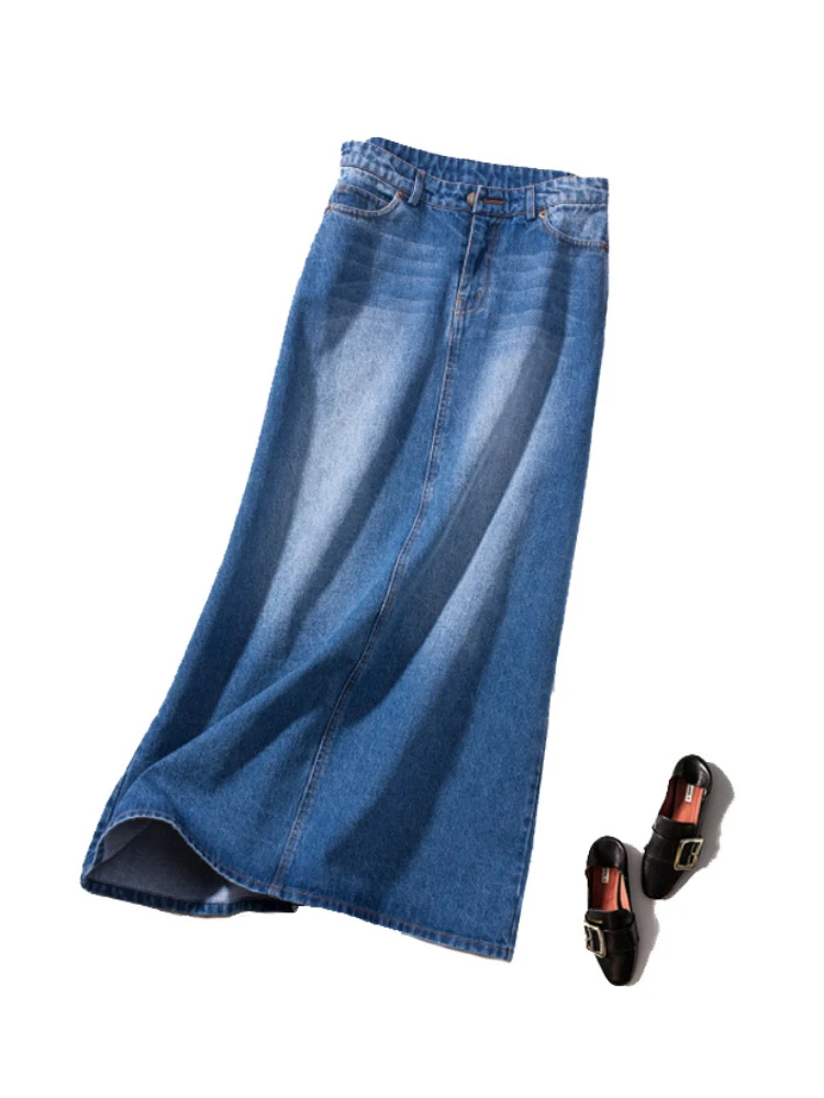 Denim Skirt Long Women Blue Solid A-line Skirts Fashion Lady Streetwear Casual Pocket High Waist Jeans Skirt Office Maxi Skirt