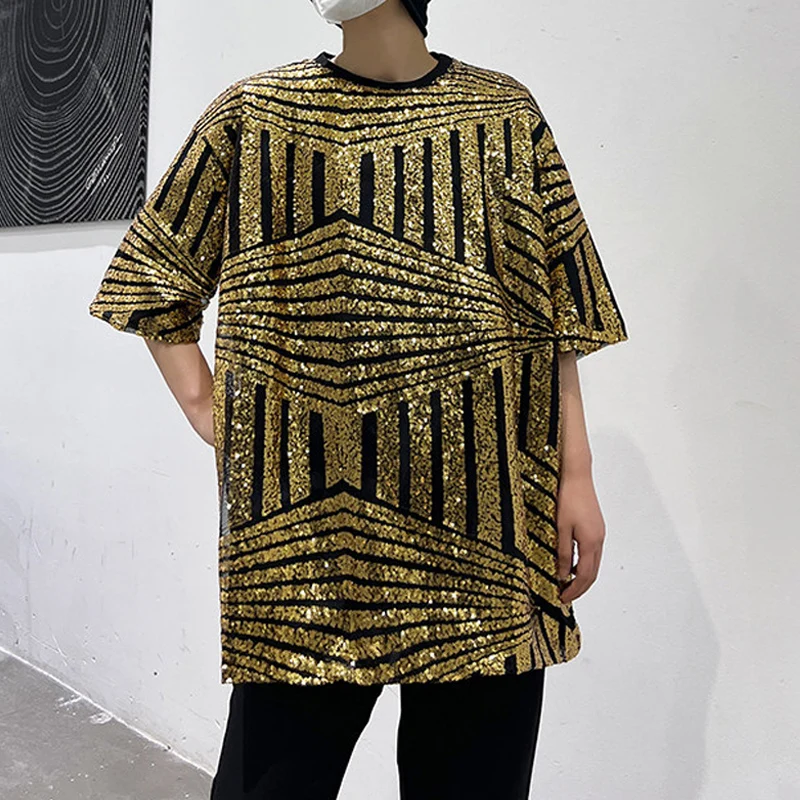 Luxury Men's Sequin T-shirts Vintage Pattern Short Sleeved Man T Shirt Plus Size Hip Hop Loose Male Tee Tops Performance Costume