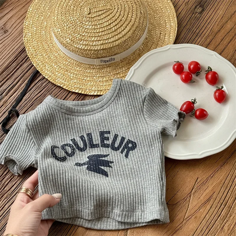 

2025 Summer New Korean Style Baby Girls Printed Tops Short Sleeve Elastic Tees Children Casual T-shirts