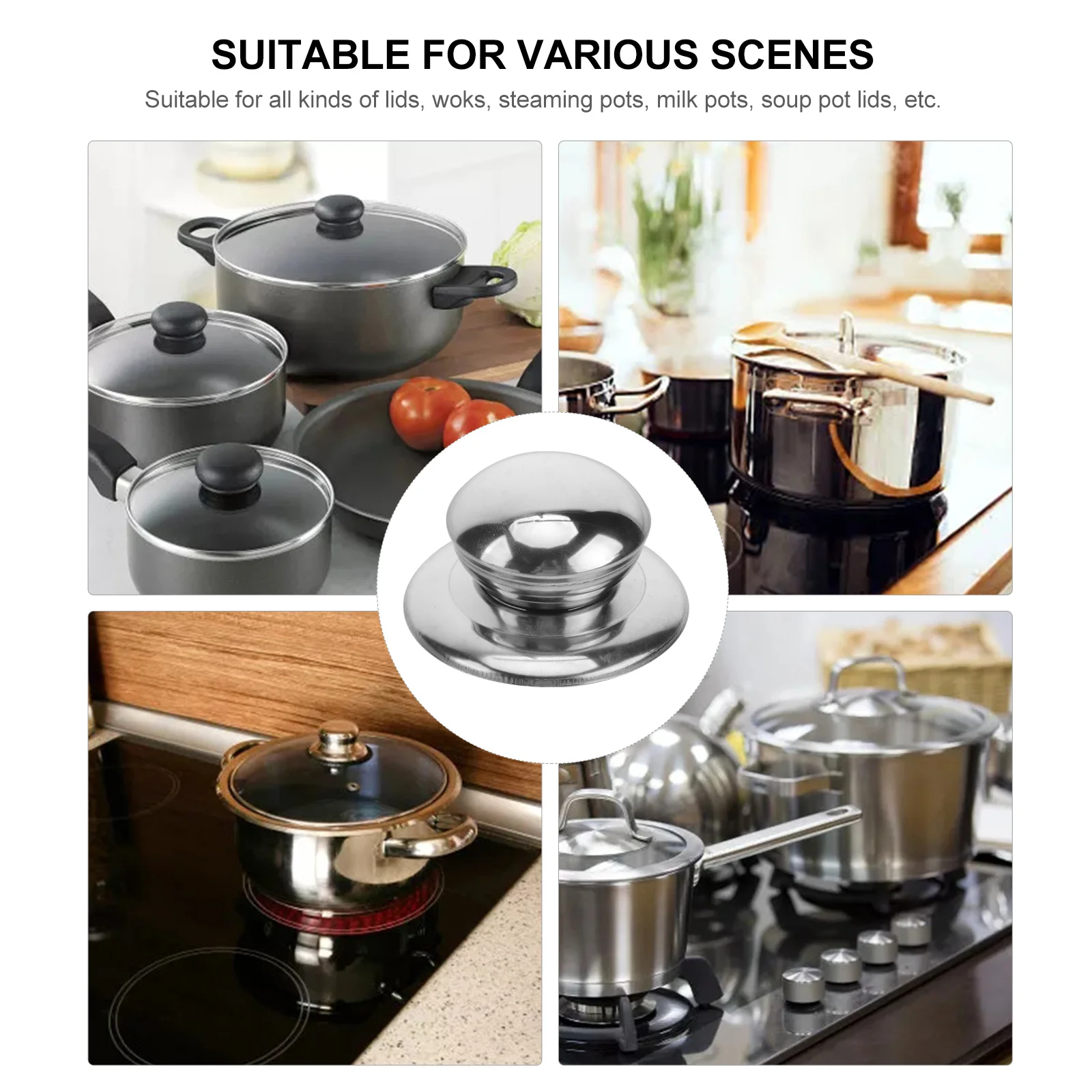 

2Pcs Stainless Steel Pot Lid Handle Knob Replacement Universal Cookware Cover Anti-Rust Comfortable Grip for 5-15cm Hole