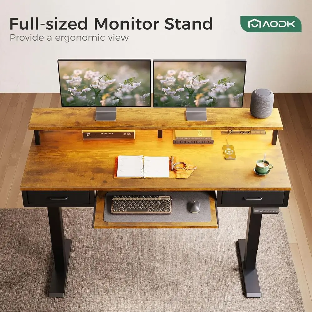 Adjustable 55-Inch Electric Standing Desk with Drawers, Keyboard Tray, Power Outlets, LED Lights, and Monitor Stand for Home and
