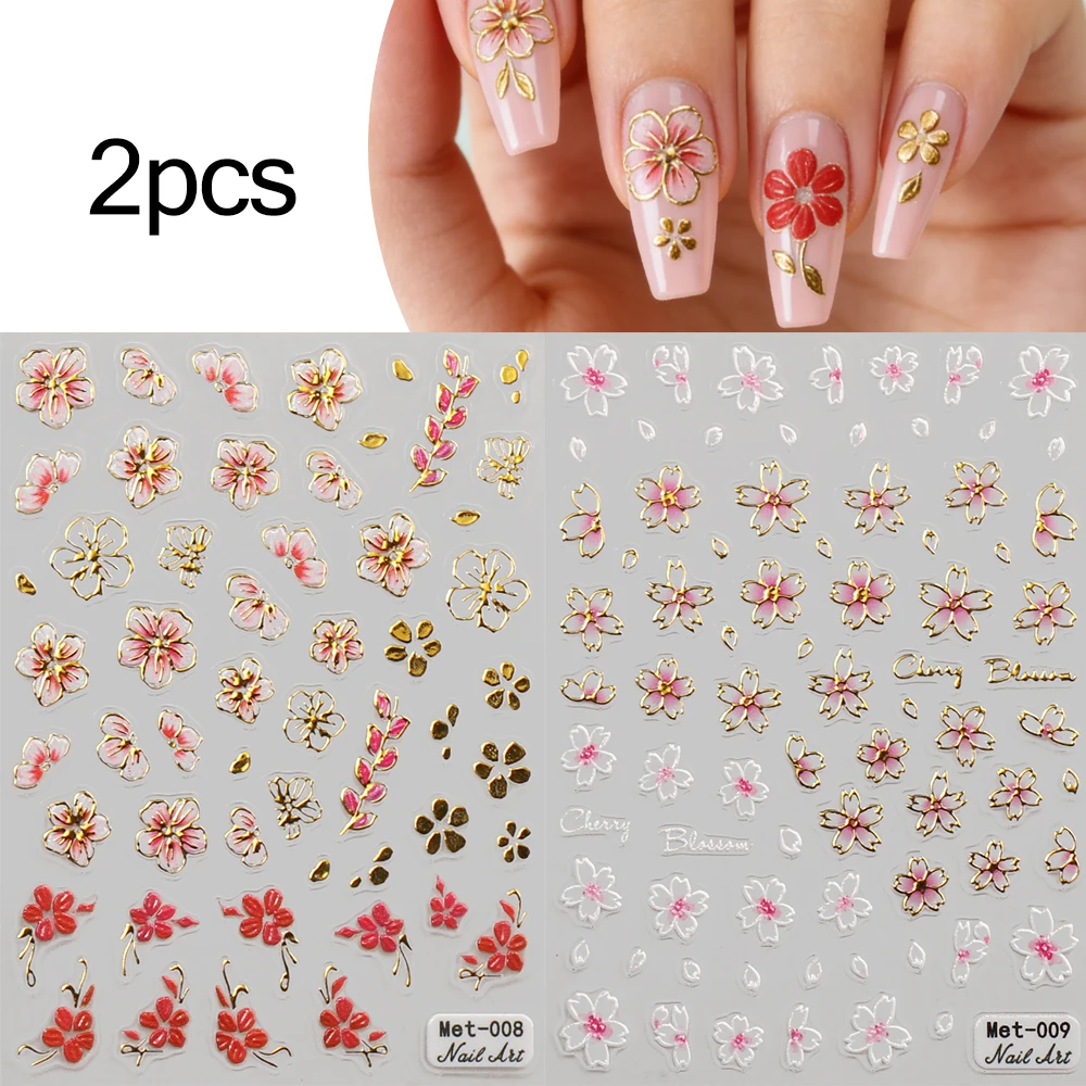 1-2 stuks Gouden Lijn Kersenbloesem 3D Nail Art Stickers Lente Perzik Bloemen Daisy Bloemen Gouden Bladeren Nail Decals Voor DIY manicure