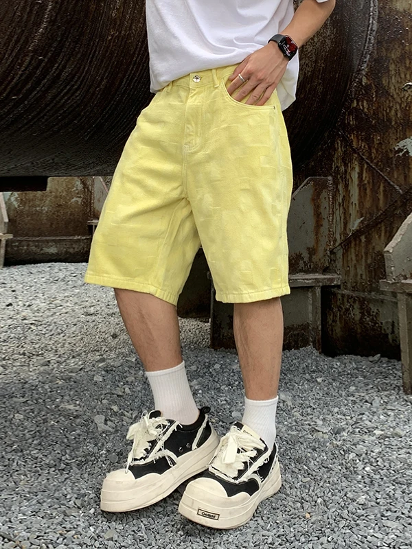 

Мужские джинсовые шорты премиум-класса с вышивкой и клетчатым узором, повседневные, свободного прямого кроя, длиной до колена, летние, модные, брендовые