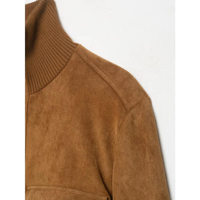 Damen-Jacke aus Wildlederimitat, Herbstkollektion, mit geripptem, hohem Kragen, Reißverschluss, langen Ärmeln und Taschen, kurze Vintage-Oberbekleidung. – Detail 14