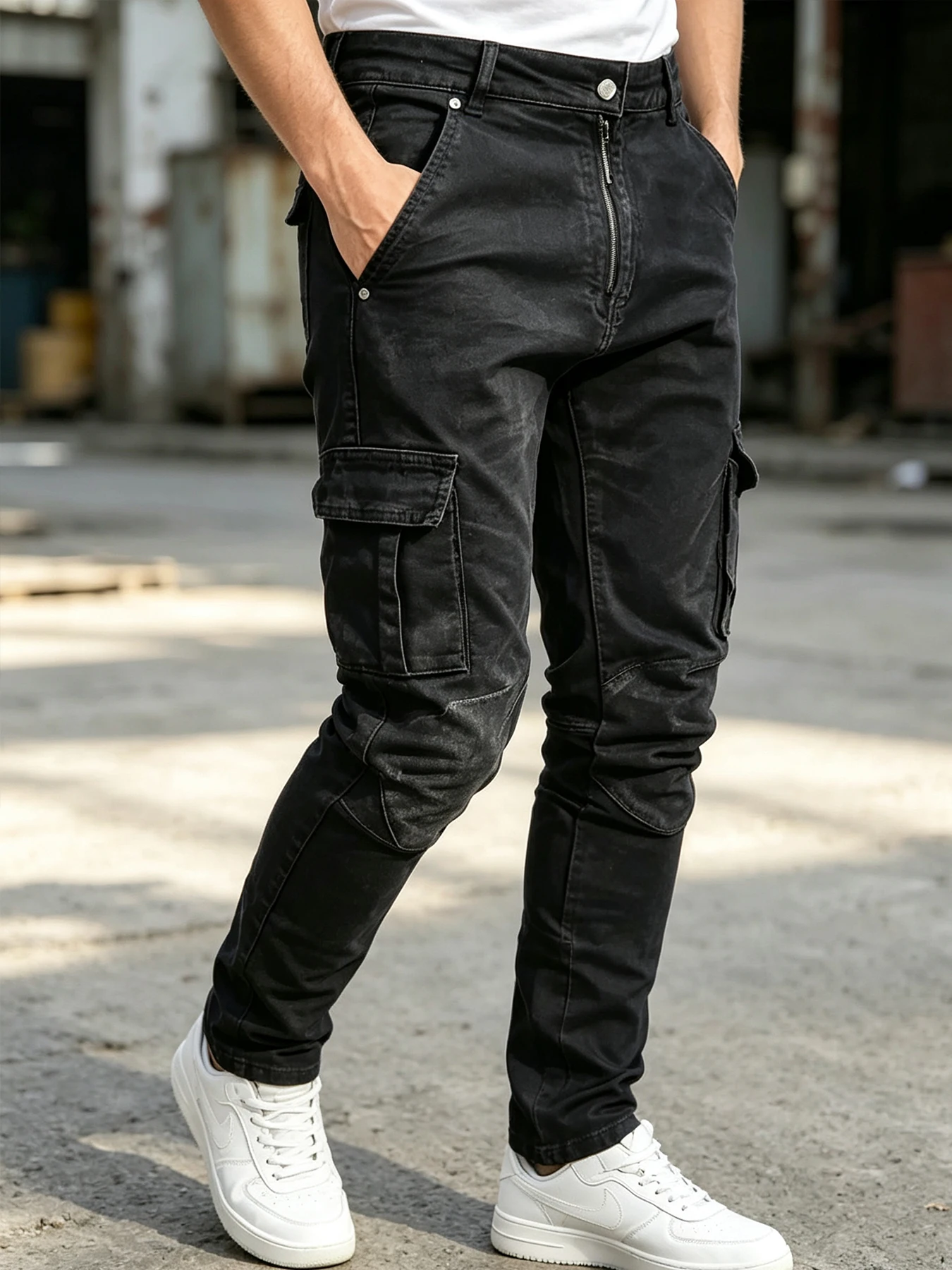 Single piece men's black outdoor pants work pants jeans, multi pocket men's work pants, streetwear, hip-hop casual jeans