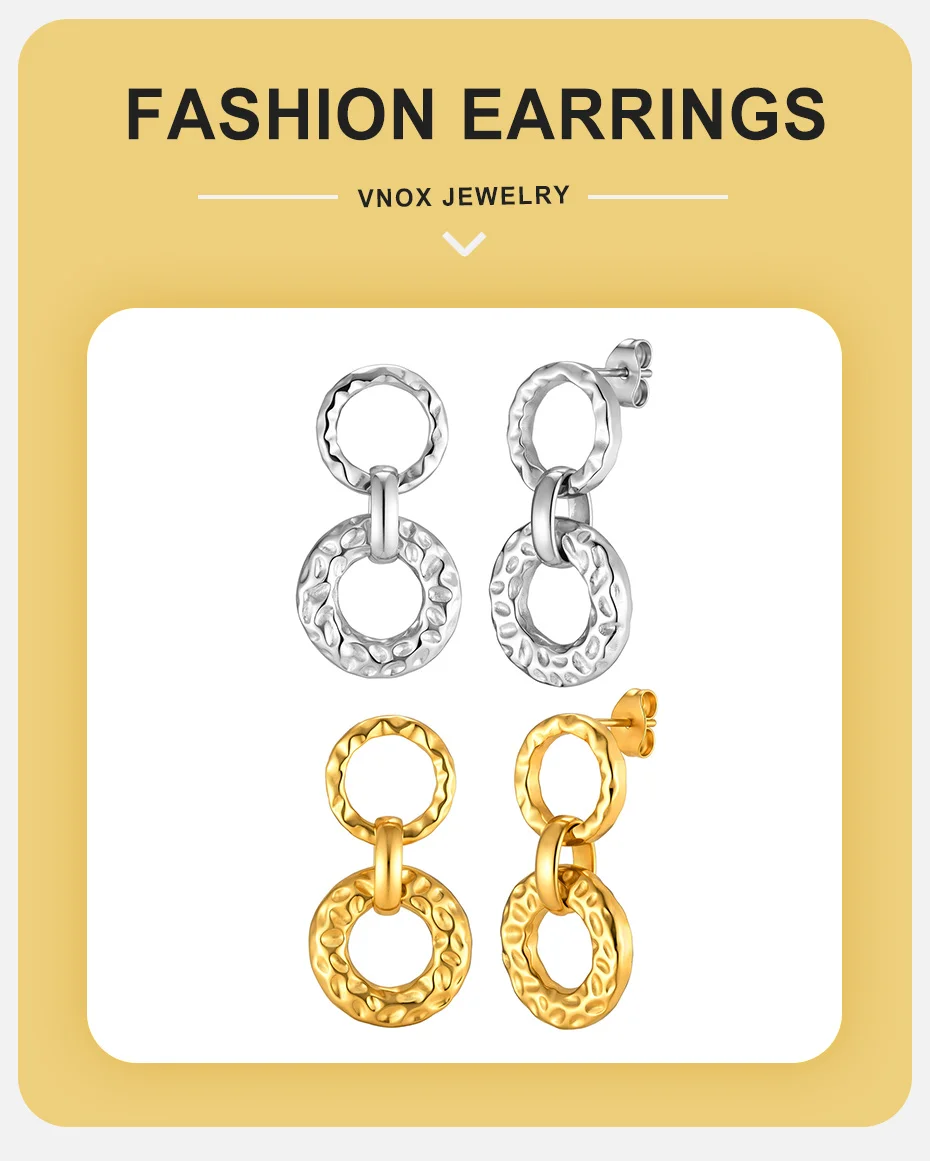 Vnox Trendige ineinandergreifende Ring-Ohrringe für Damen, Edelstahl, vergoldet, gehämmerter Kreis-Creolen-Ohrring, Statement-Schmuck für den Alltag – Detail 1