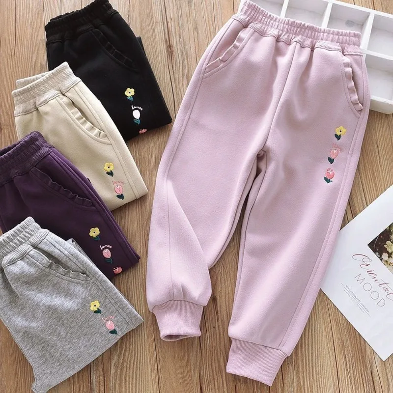 Girls Pants Spring Autumn 2026 Casual Pants for Kids Candy Color Children's Sports Trousers Embroidered Teenager Lace Sweatpants